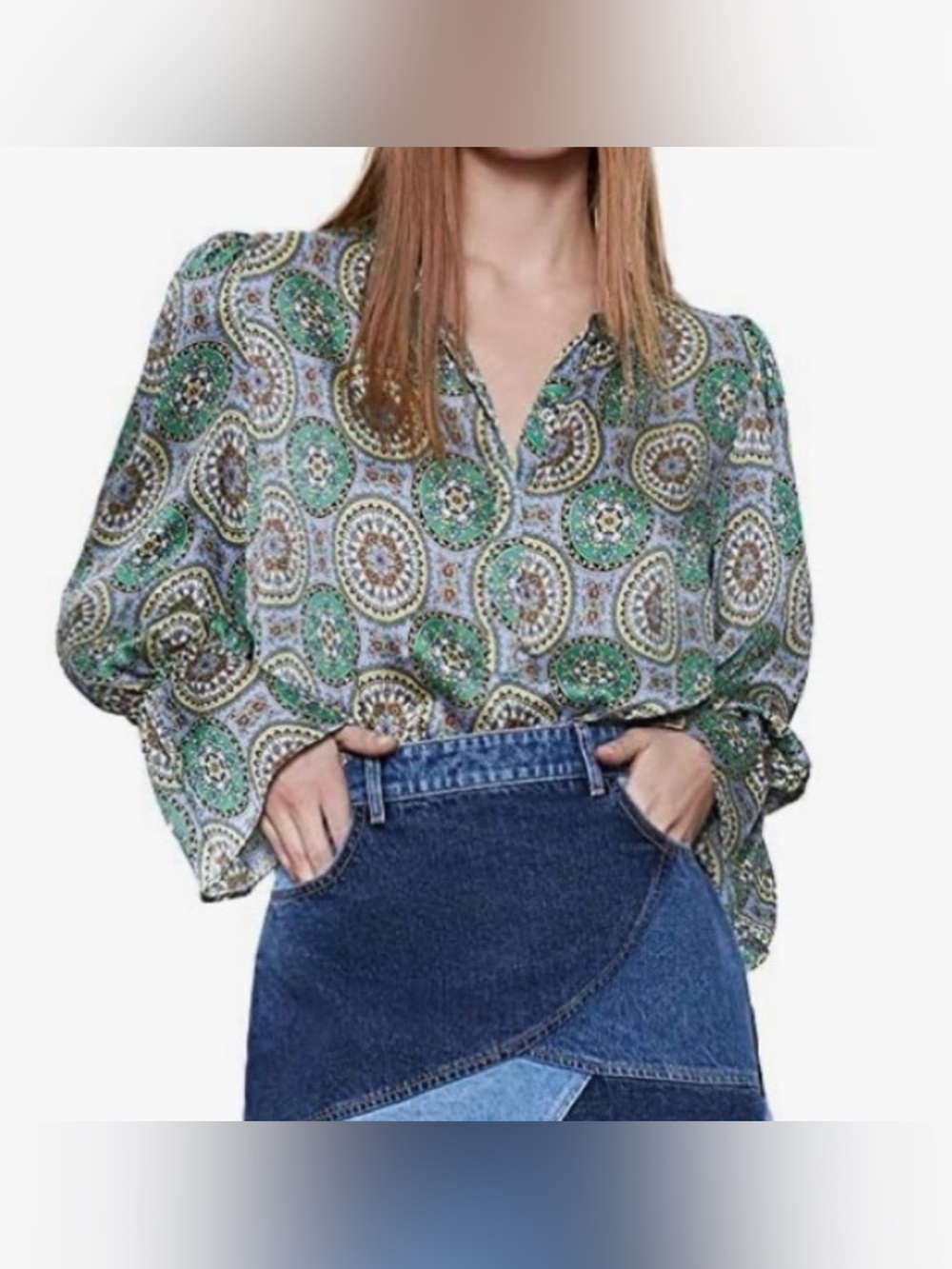 Zara Green Paisley Button-Front Blouse
